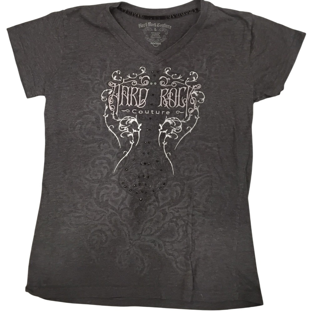 Hard Rock Couture Phoenix V-Neck T-Shirt Gray Rhinestone Graphic Womens Large